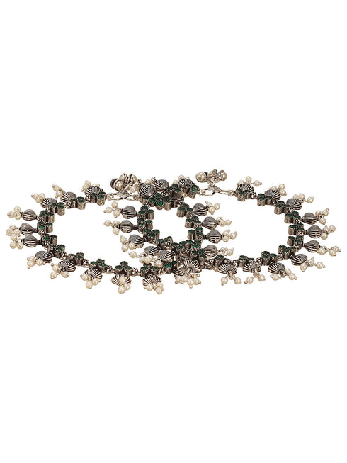 Set of 2 Silver Oxidised Green Stone Studded Flower Minimal Dailywear Anklet Payal