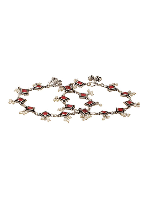 Set of 2 Silver Oxidised Ruby Red Stone Studded Minimal Dailywear Anklet Payal