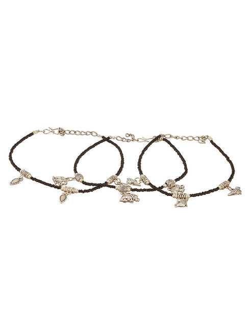 Combo of 3 Black Beads Minimal Thread Bird Elephant leaf Motif Anklet Payal