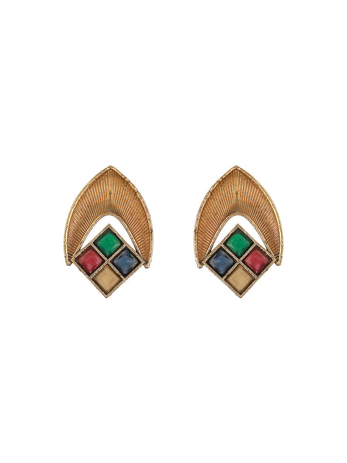 Oxidised Matt Gold Plated Multicolored Stone Studded Contemporary Minimal Studds Earrings