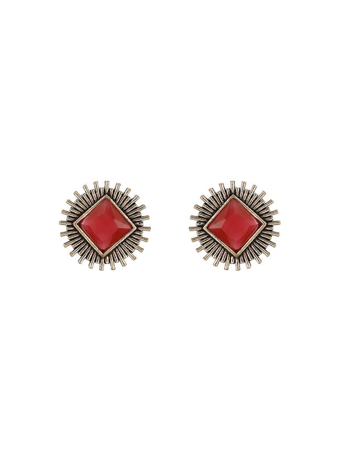 Oxidised Silver Toned Ruby Red Stone Studded Geometric Square Shaped Minimal Studds Earrings