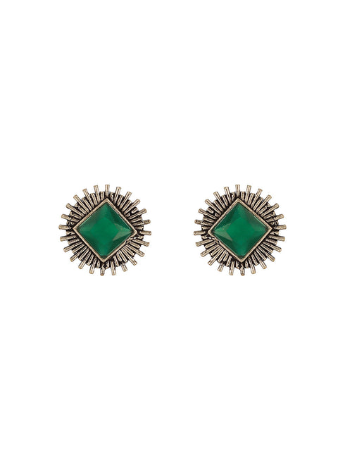 Oxidised Silver Toned Emerald Green Stone Studded Geometric Square Shaped Minimal Studds Earrings