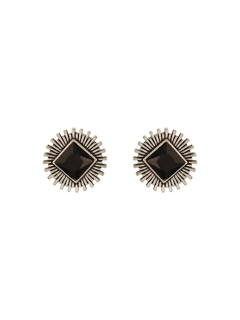 Oxidised Silver Toned Black Stone Studded Geometric Square Shaped Minimal Studds Earrings