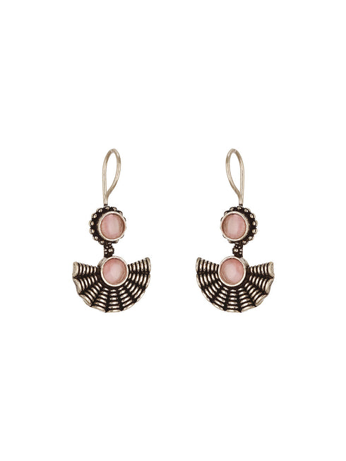 Oxidised Silver Plated Pink Stone Studded Minimal Fan Shaped Fishhook Earrings