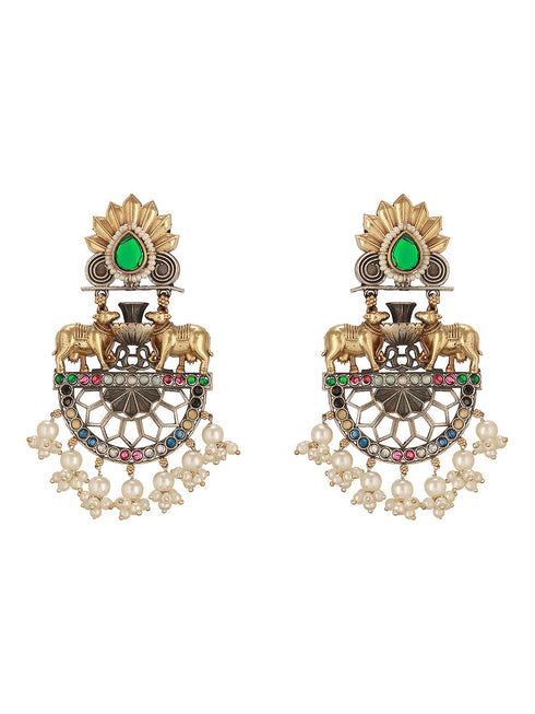 Antique Gold Oxidised Emerald Green Stone & Pearl Beaded Nandi Motif Tribal Contemporary Chandbali Dangler Earrings