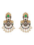 Antique Gold Oxidised Emerald Green Stone & Pearl Beaded Nandi Motif Tribal Contemporary Chandbali Dangler Earrings