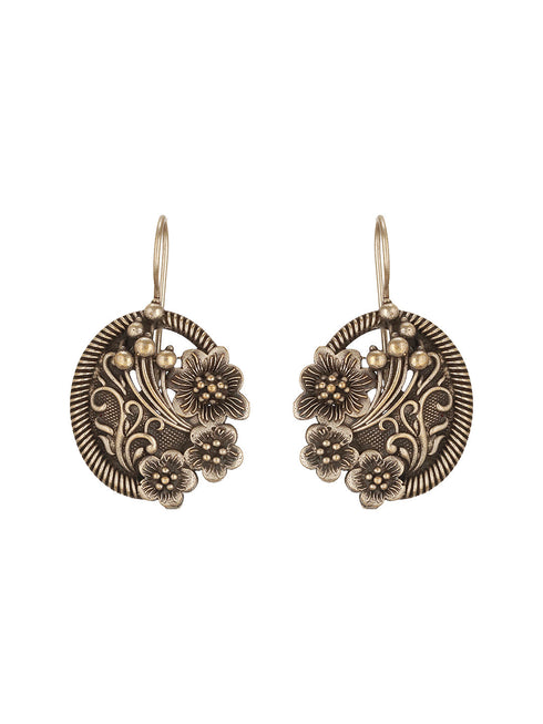 Oxidised Silver Toned Floral Design Minimal Fishhook Drop Earrings