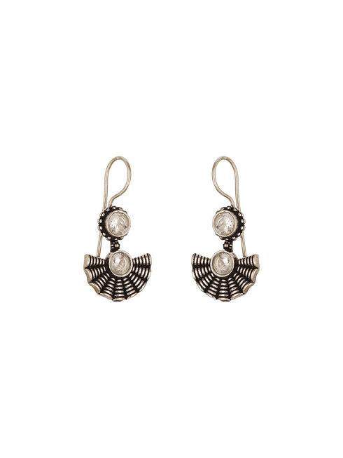 Oxidised Silver Plated White Stone Studded Minimal Fan Shaped Fishhook Earrings