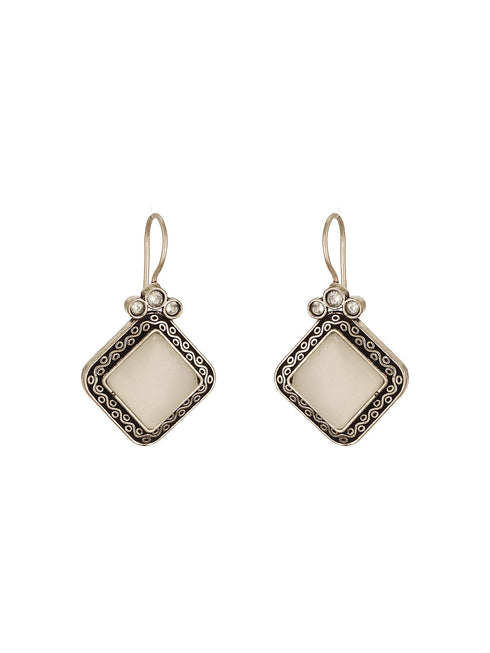 Silver Oxidised Plated White Stone Studded Square Minimal Fish Hook Earrings
