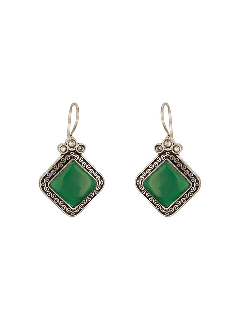 Silver Oxidised Plated Green Stone Studded Square Minimal Fish Hook Earrings