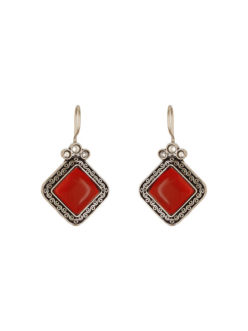 Oxidised Silver Plated Red Stone Studded Square Minimal Fish Hook Earrings