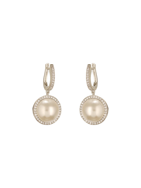 Silver Plated AD Studded Circular Pearl Drop Minimal Bali dangler Earrings