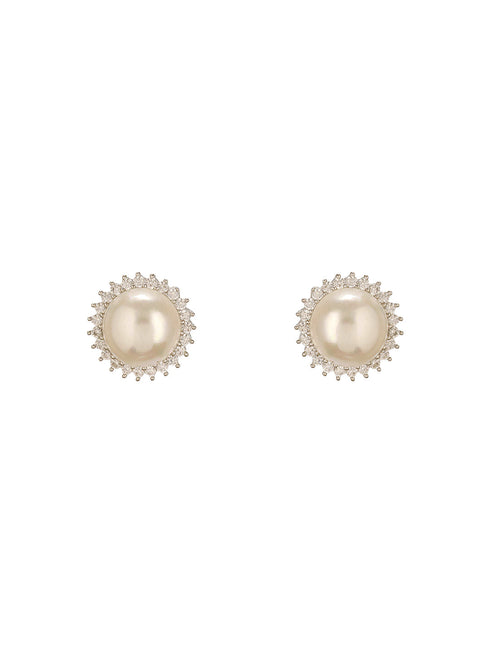 White Rhodium AD & Pearl Studded Classic Minimal Solitaire Studds Earrings