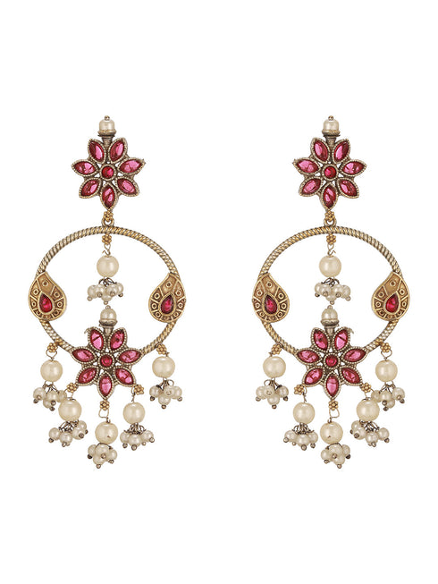 Antique Gold-Toned Pink Stones With Pearl Drop Floral Hoop Contemporary Earrings