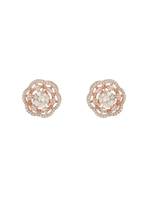 Rose Gold Polished White AD Studded Floral Minimal Solitaire Studds Earrings
