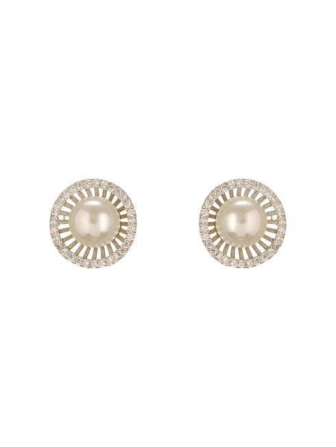 Silver Plated AD Studded Orbital Pearl Minimal Studds Earrings