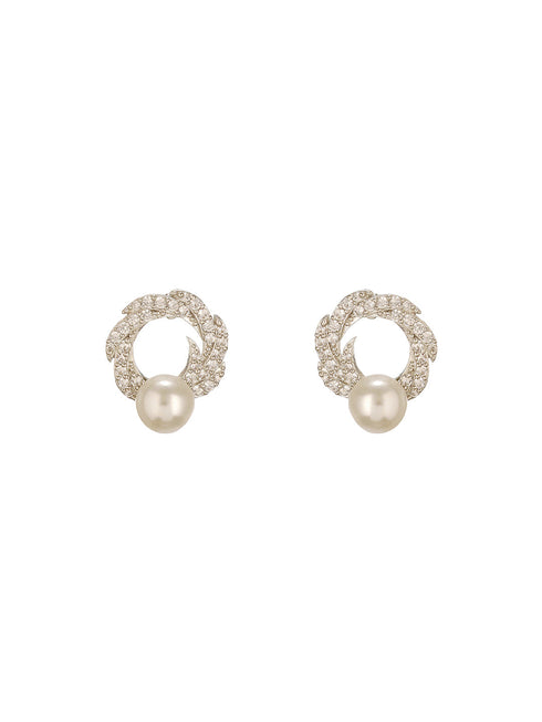 Silver Plated AD & Pearl Studded Floral Minimal Contemporary Studds earrings