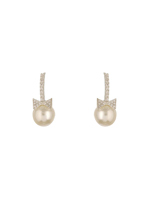White Rhodium Plated AD & Pearl Studded Bow Pearl Drop Minimal earrings