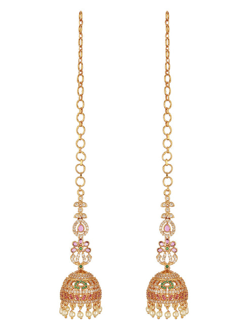 Gold Plated Zircon AD Studded Floral Bridal Matil Earchain Earrings