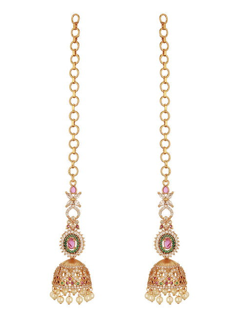Antique Gold Plated Ruby Red Zircon AD Studded With Matil Earchain Earrings