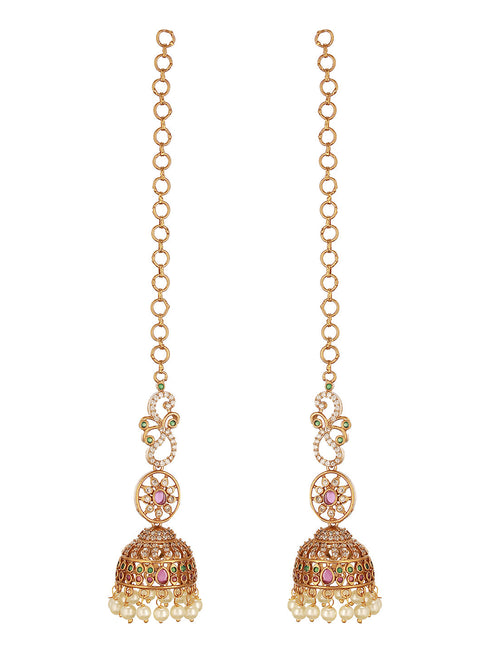 Gold Plated Zircon AD Studded Red Floral Bridal Matil Earchain Earrings