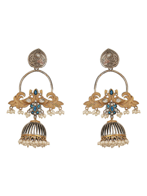 Oxidised Dual Toned Pearl Beaded Floral Peacock Design Contemporary Hoop Jhumka Earrings