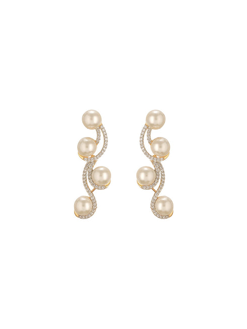 Combo Gold Plated White AD & Pearl Studded Floral Minial Ring, Bracelet With Earrings Jewellery Set