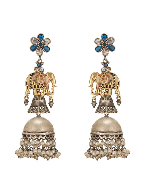 Oxidised Silver Toned Pearl Beaded Floral Elephant Design Contemporary Dangler Jhumka Earrings