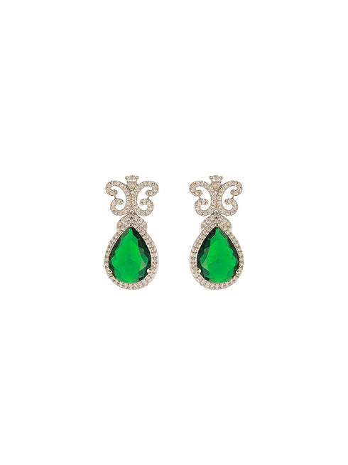 Silver Plated Emerald Green AD Studded Floral Statement Necklace Jewellery Set