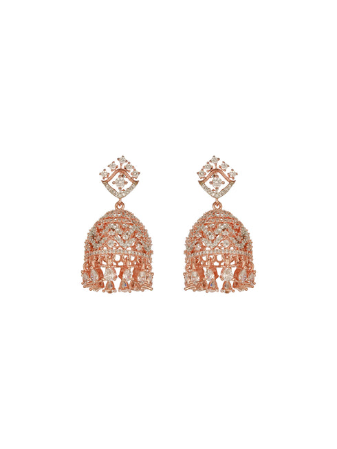 Rose Gold AD Studded Statement Designer With Classic Jhumka Earrings Necklace Jewellery Set
