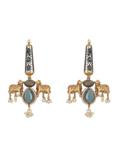 Oxidised Silver Plated Dual Plated Turquoise Blue Pearl Beaded Bull Motif Contemporary Dangle Earrings