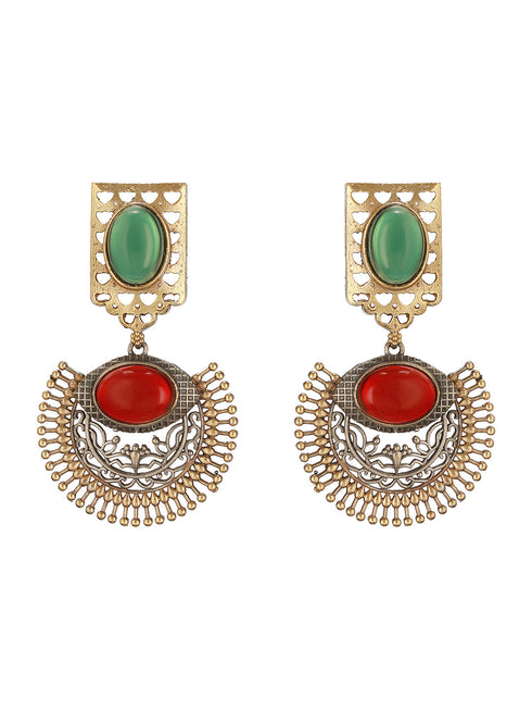 Antique Gold-Toned Dual Red & Green Stone Engraved Handcrafted Dangler Earrings