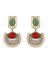 Antique Gold-Toned Dual Red & Green Stone Engraved Handcrafted Dangler Earrings