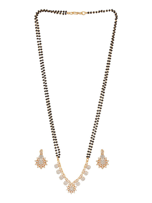 Gold Toned AD Studded Black Beads Studded Designer Floral Mangalsutra Jewellery Set