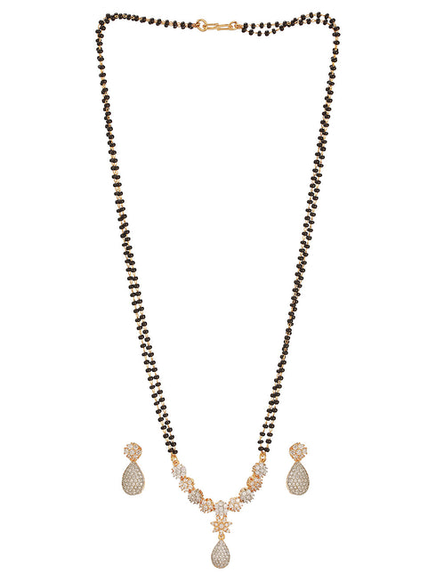 Gold Toned AD Studded Black Beads Studded Designer Solitaire Type Mangalsutra Jewellery Set