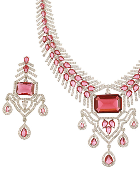 Silver Plated Ruby Red AD Studded Statement Royal Necklace Jewellery Set