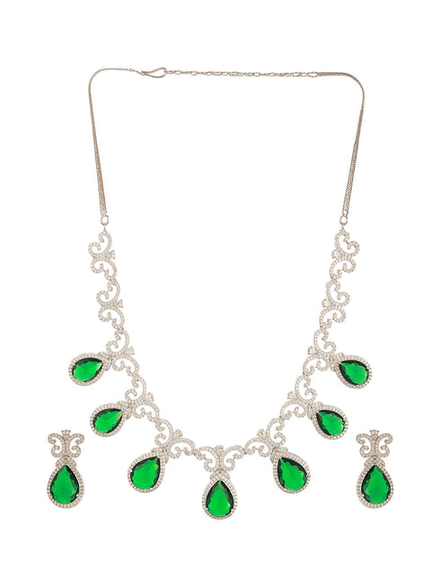 Silver Plated Emerald Green AD Studded Floral Statement Necklace Jewellery Set