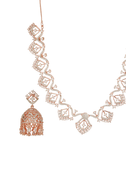 Rose Gold AD Studded Statement Designer With Classic Jhumka Earrings Necklace Jewellery Set