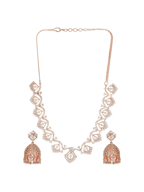 Rose Gold AD Studded Statement Designer With Classic Jhumka Earrings Necklace Jewellery Set