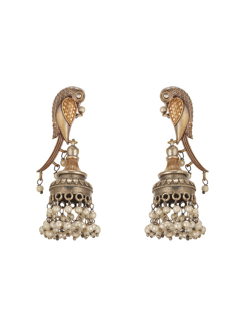 Antique Gold-Toned Parrot Motif Pearl Beaded Handcrafted Jhumka Earrings