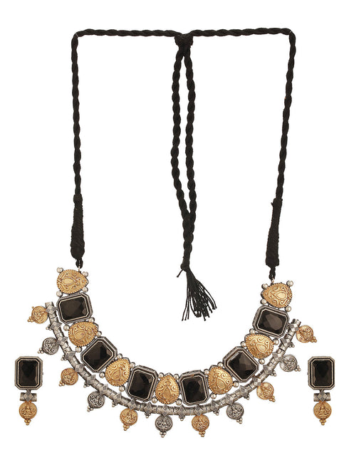 Oxidised Dual Toned Black Stone Studded Contemporary Tribal Lakshmiji Motif Choker Jewellery Set
