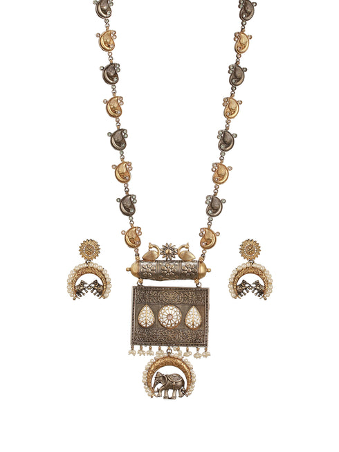 Oxidised Dual Toned Statement Fusion Tribal Elephant Leafy Contemporary Long Pendant Jewellery Set