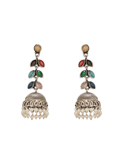 Oxidised Silver Toned Multicolored Handcrafted Leaf Design Dangler Minimal Jhumka Earrings