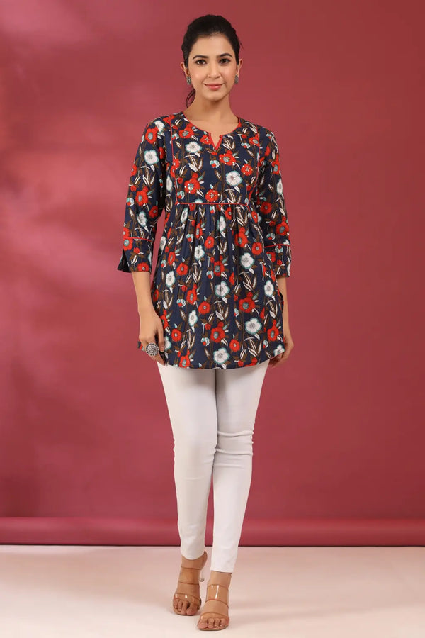 Women Navy Blue & Red Floral A line Sequinned Pure Cotton Kurti