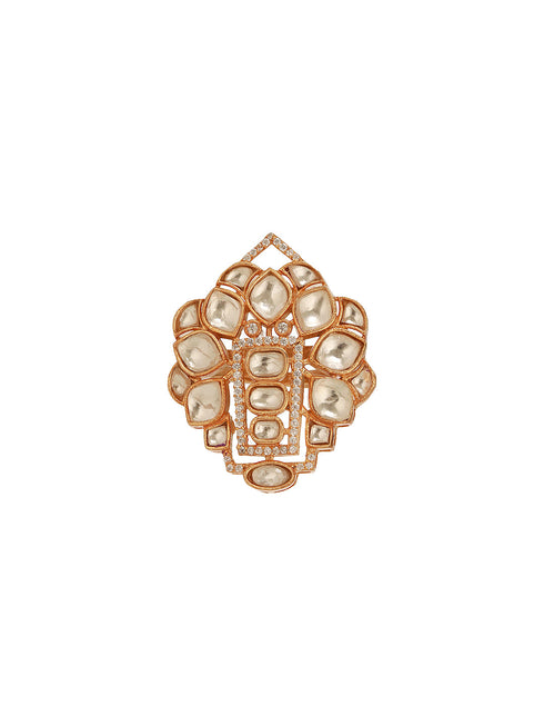 Gold Plated Uncut Polki Kundan Mossanite Studded Designer Floral Adjustable Finger Ring