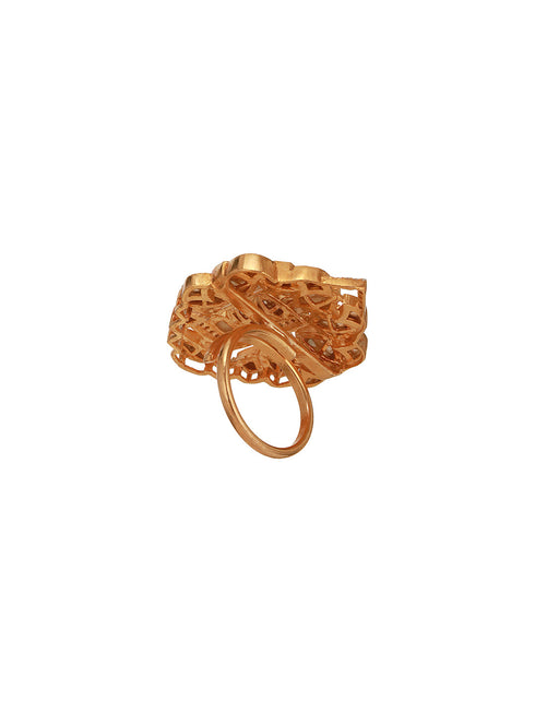 Gold Plated Uncut Polki Kundan Mossanite Studded Designer Floral Adjustable Finger Ring