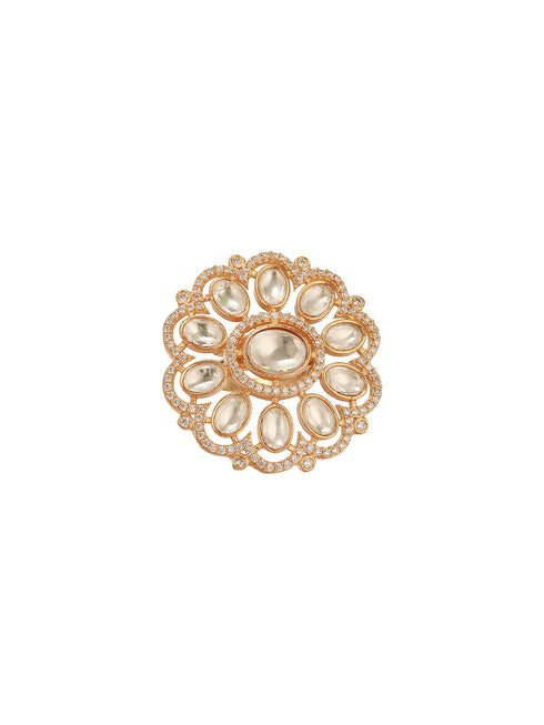 Gold Plated Kundan Mossanite Studded Floral Bridal Handcrafted Adjustable Finger Rings