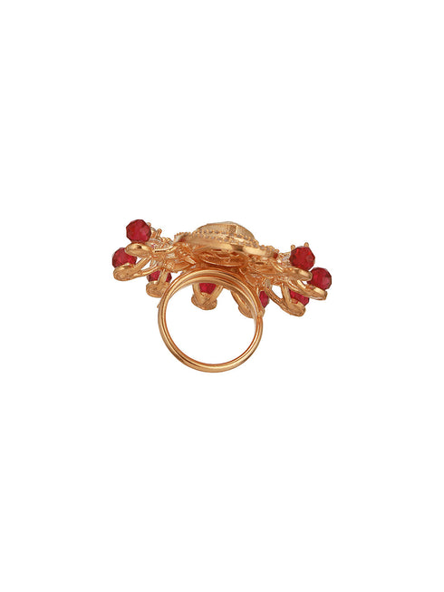 Gold Plated Kundan Red Beads Studded Floral Adjustable Cocktail Finger Ring
