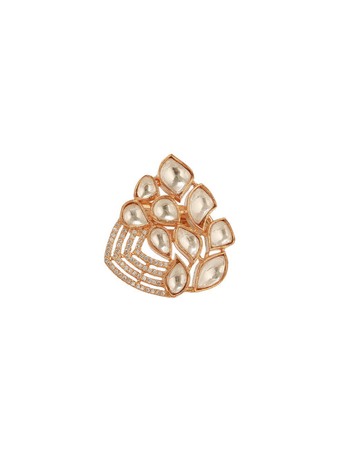 Gold Plated Uncut Polki Mossanite Kundan Studded Adjustable Cocktail Finger Ring
