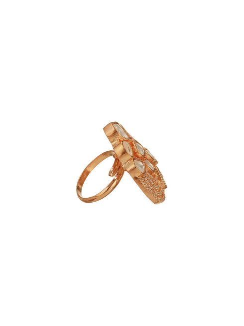Gold Plated Uncut Polki Mossanite Kundan Studded Adjustable Cocktail Finger Ring